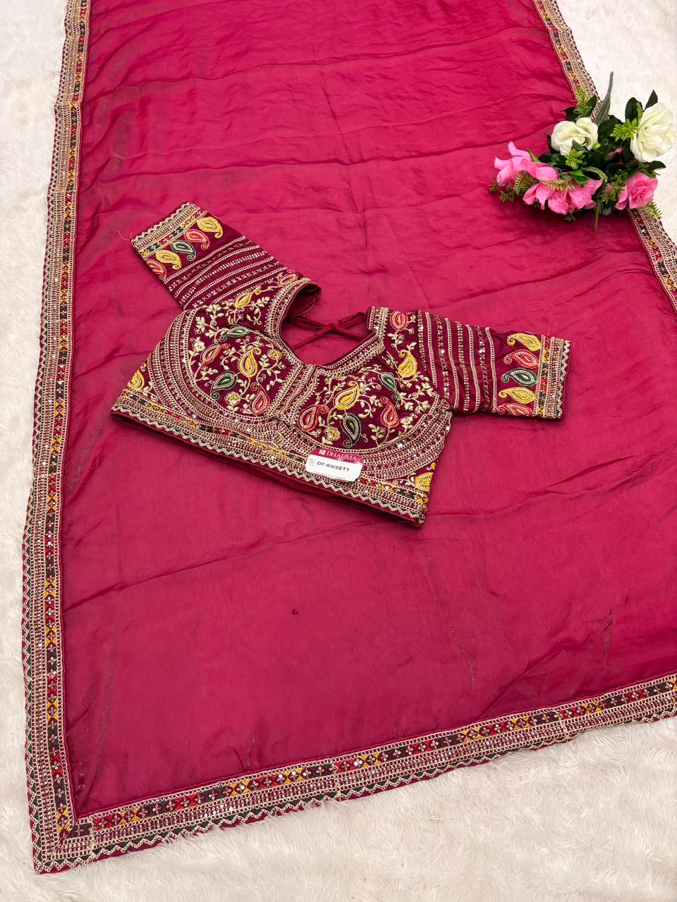 DF-SWEETY Satin Silk Saree with embroidery work with sequence work with thread work with heavy stitched blouse