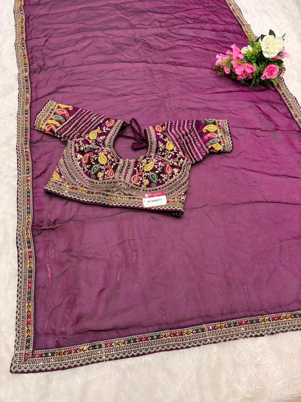 DF-SWEETY Satin Silk Saree with embroidery work with sequence work with thread work with heavy stitched blouse