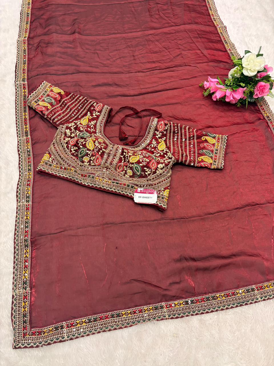 DF-SWEETY Satin Silk Saree with embroidery work with sequence work with thread work with heavy stitched blouse
