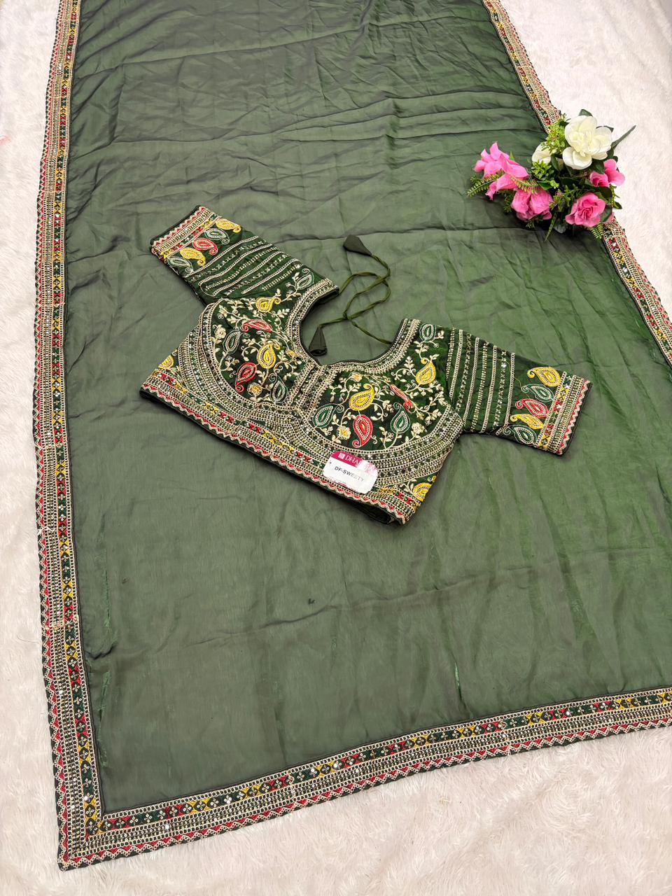 DF-SWEETY Satin Silk Saree with embroidery work with sequence work with thread work with heavy stitched blouse