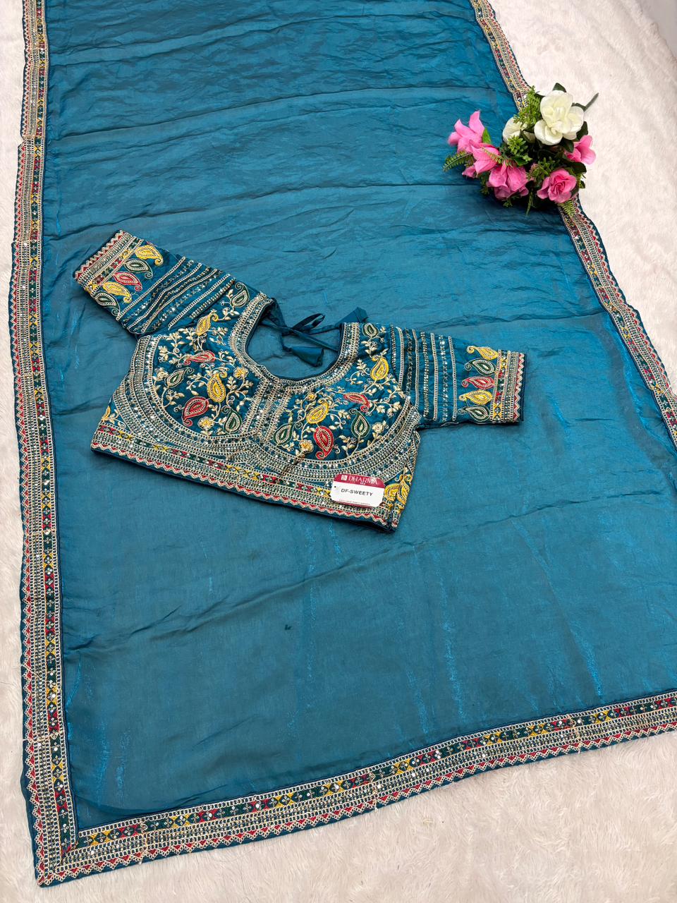 DF-SWEETY Satin Silk Saree with embroidery work with sequence work with thread work with heavy stitched blouse