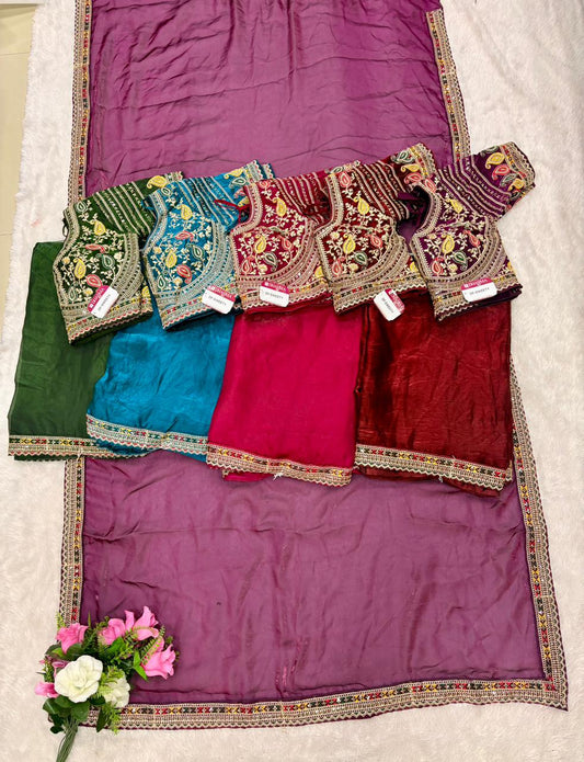 DF-SWEETY Satin Silk Saree with embroidery work with sequence work with thread work with heavy stitched blouse