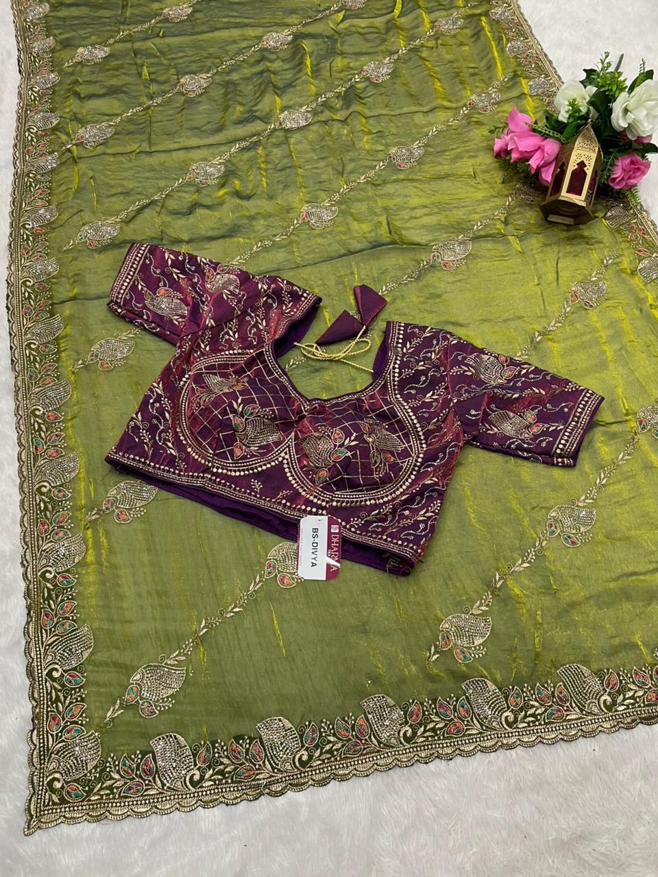 BS-DIVYA Fendi Saree with embroidery work with jarkan and thread work with fully stitched work blouse