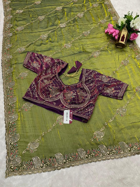 BS-DIVYA Fendi Saree with embroidery work with jarkan and thread work with fully stitched work blouse