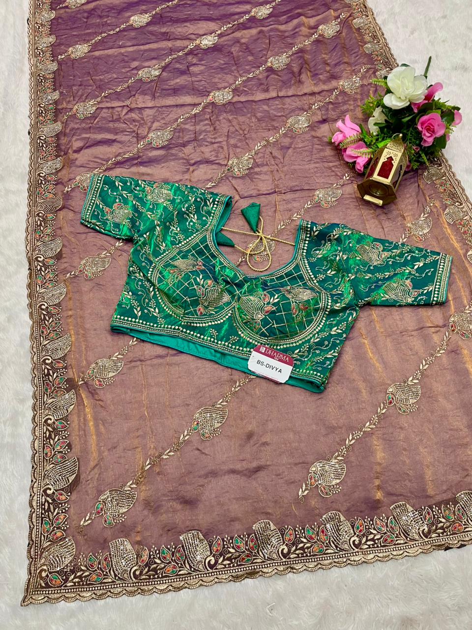 BS-DIVYA Fendi Saree with embroidery work with jarkan and thread work with fully stitched work blouse