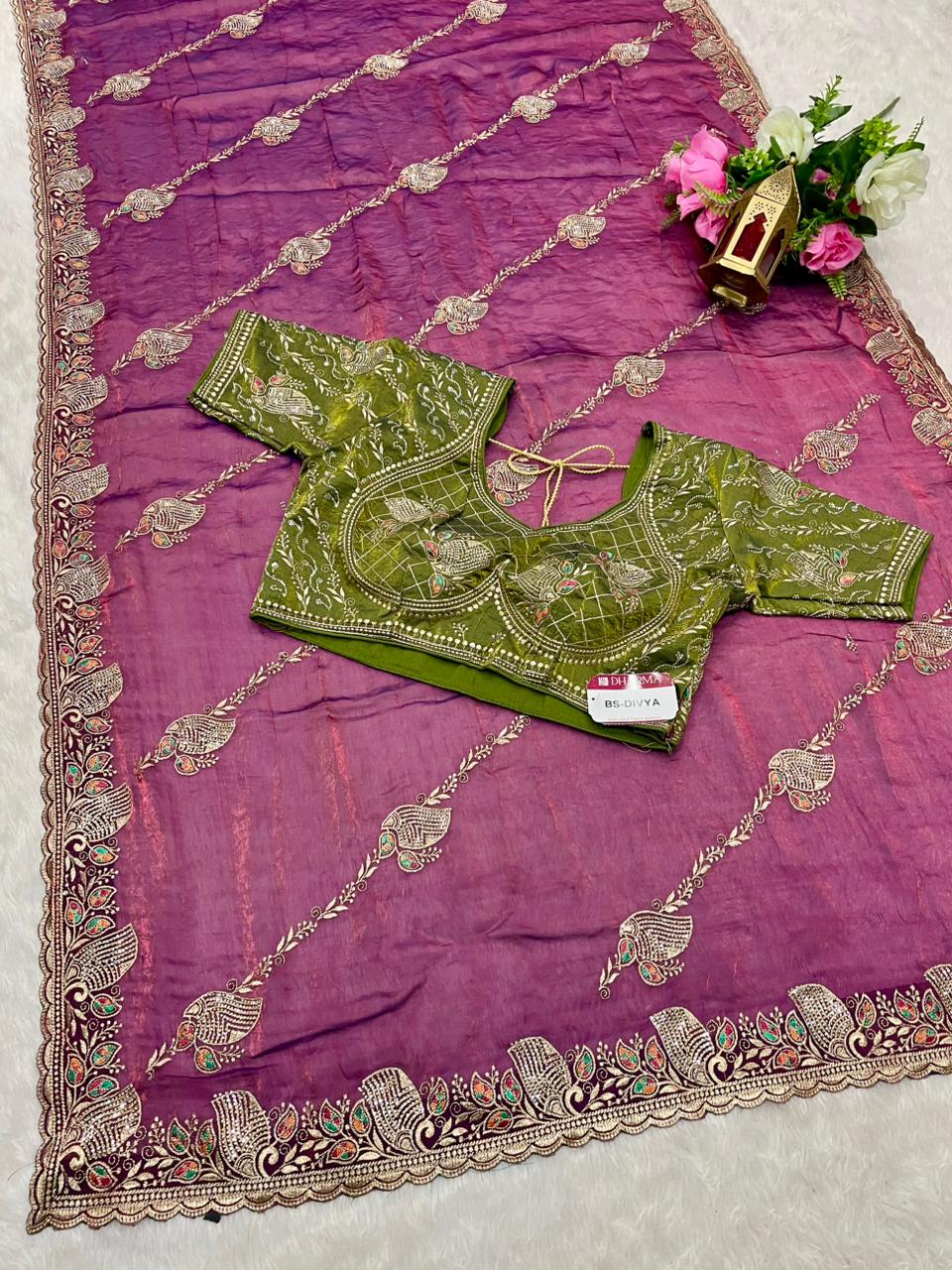 BS-DIVYA Fendi Saree with embroidery work with jarkan and thread work with fully stitched work blouse