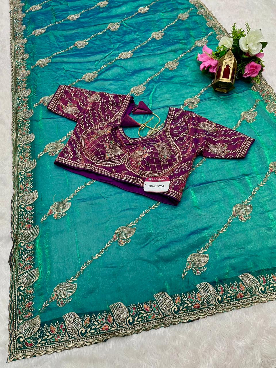 BS-DIVYA Fendi Saree with embroidery work with jarkan and thread work with fully stitched work blouse