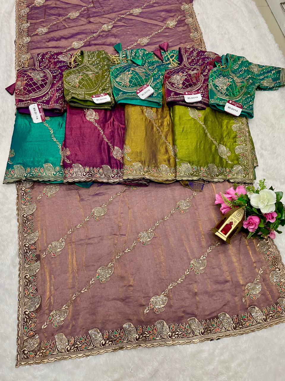 BS-DIVYA Fendi Saree with embroidery work with jarkan and thread work with fully stitched work blouse