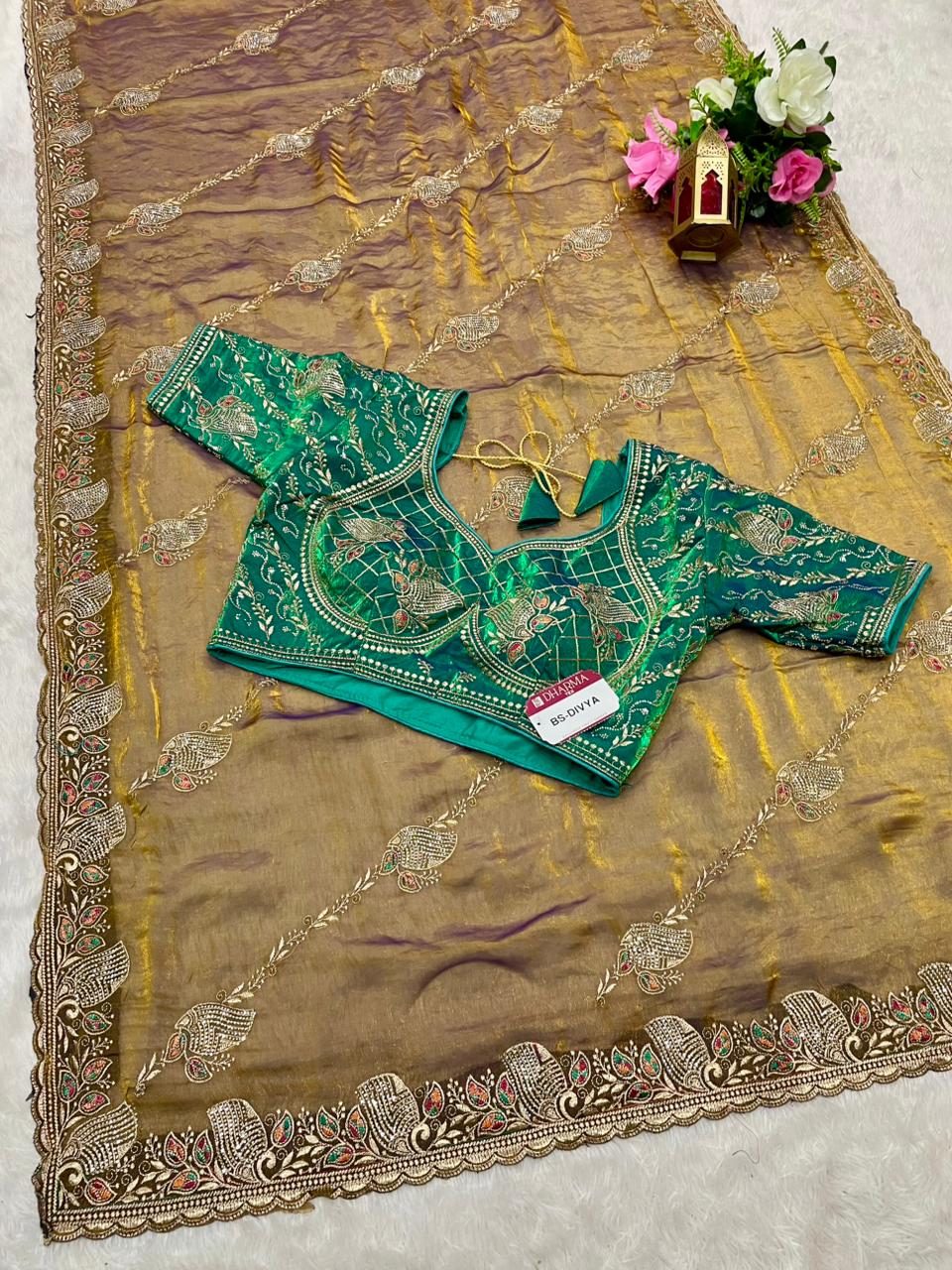 BS-DIVYA Fendi Saree with embroidery work with jarkan and thread work with fully stitched work blouse