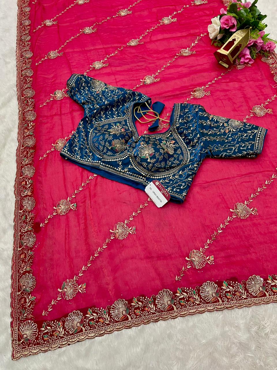 BS-GRAH MANTRI Fendi Saree with embroidery work with jarkan and thread work with fully stitched work blouse