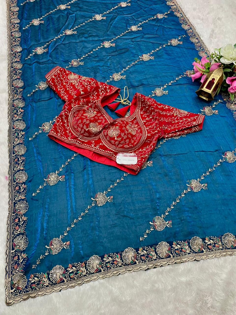 BS-GRAH MANTRI Fendi Saree with embroidery work with jarkan and thread work with fully stitched work blouse