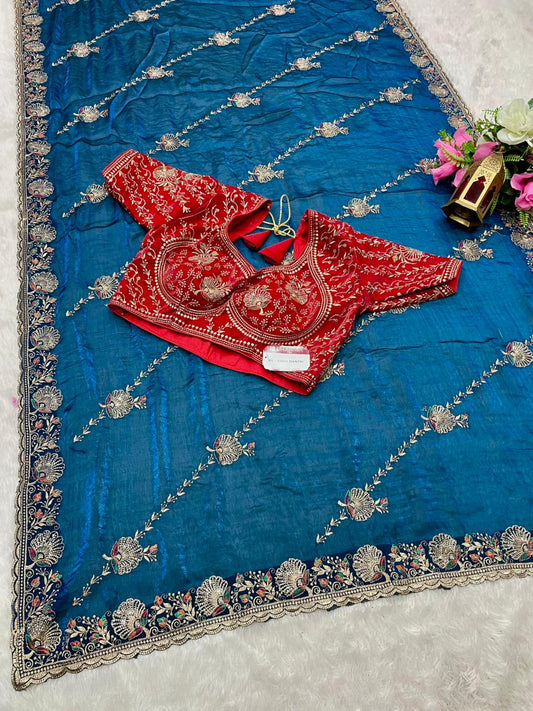 BS-GRAH MANTRI Fendi Saree with embroidery work with jarkan and thread work with fully stitched work blouse