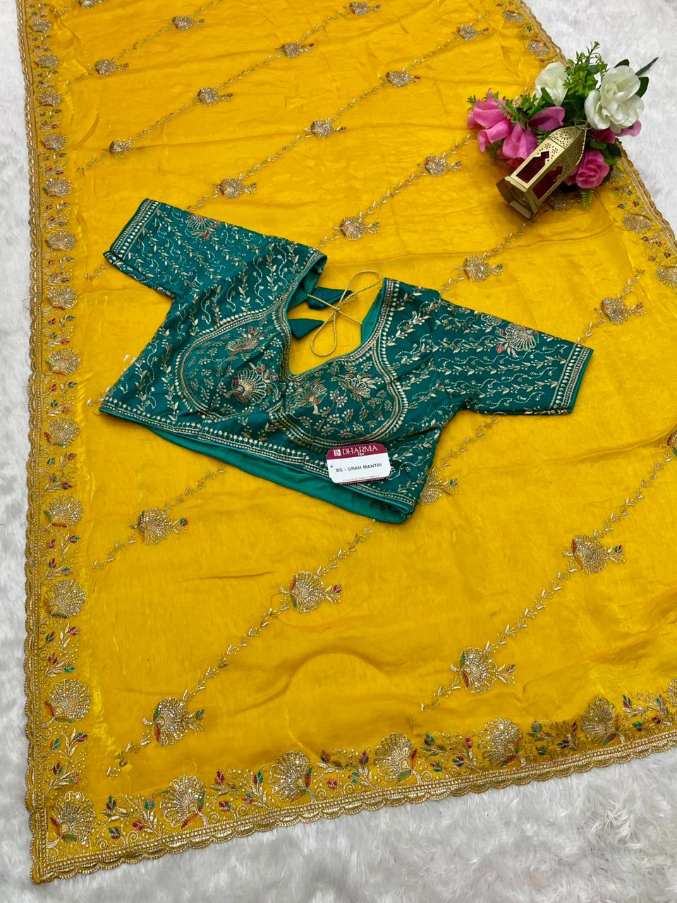 BS-GRAH MANTRI Fendi Saree with embroidery work with jarkan and thread work with fully stitched work blouse