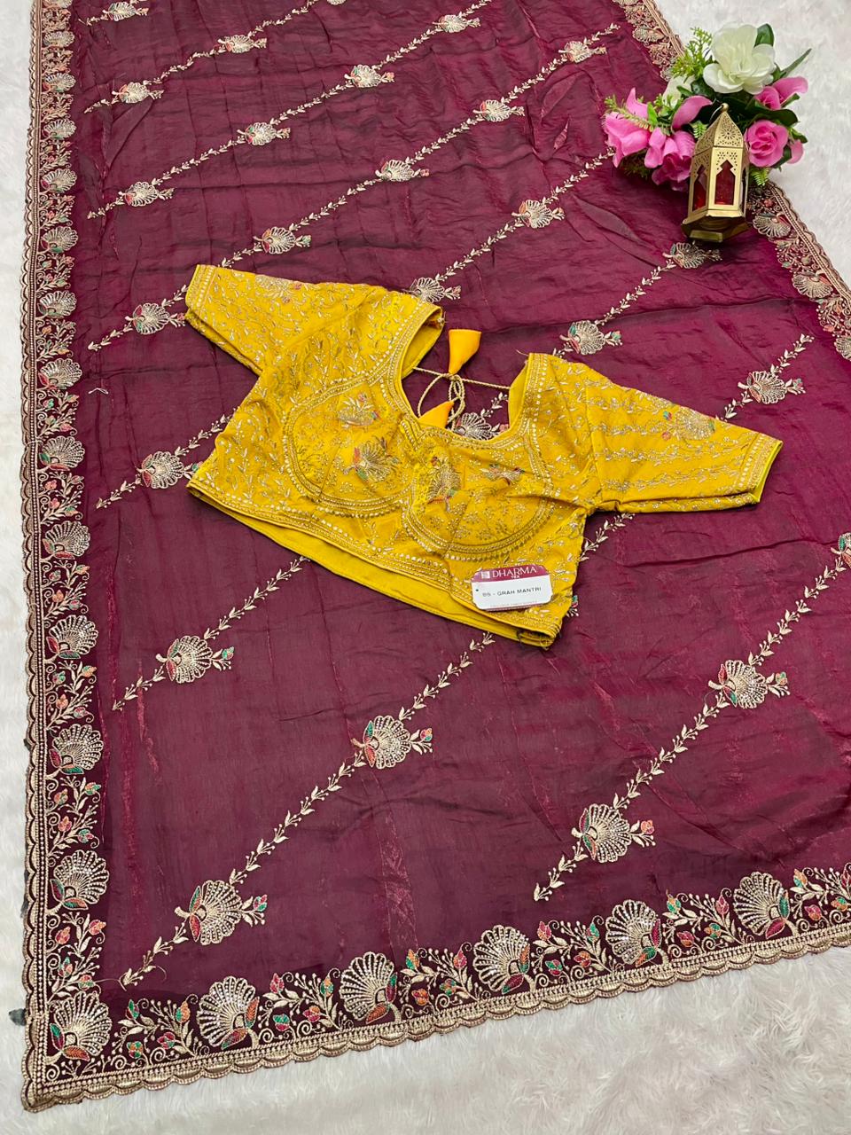 BS-GRAH MANTRI Fendi Saree with embroidery work with jarkan and thread work with fully stitched work blouse