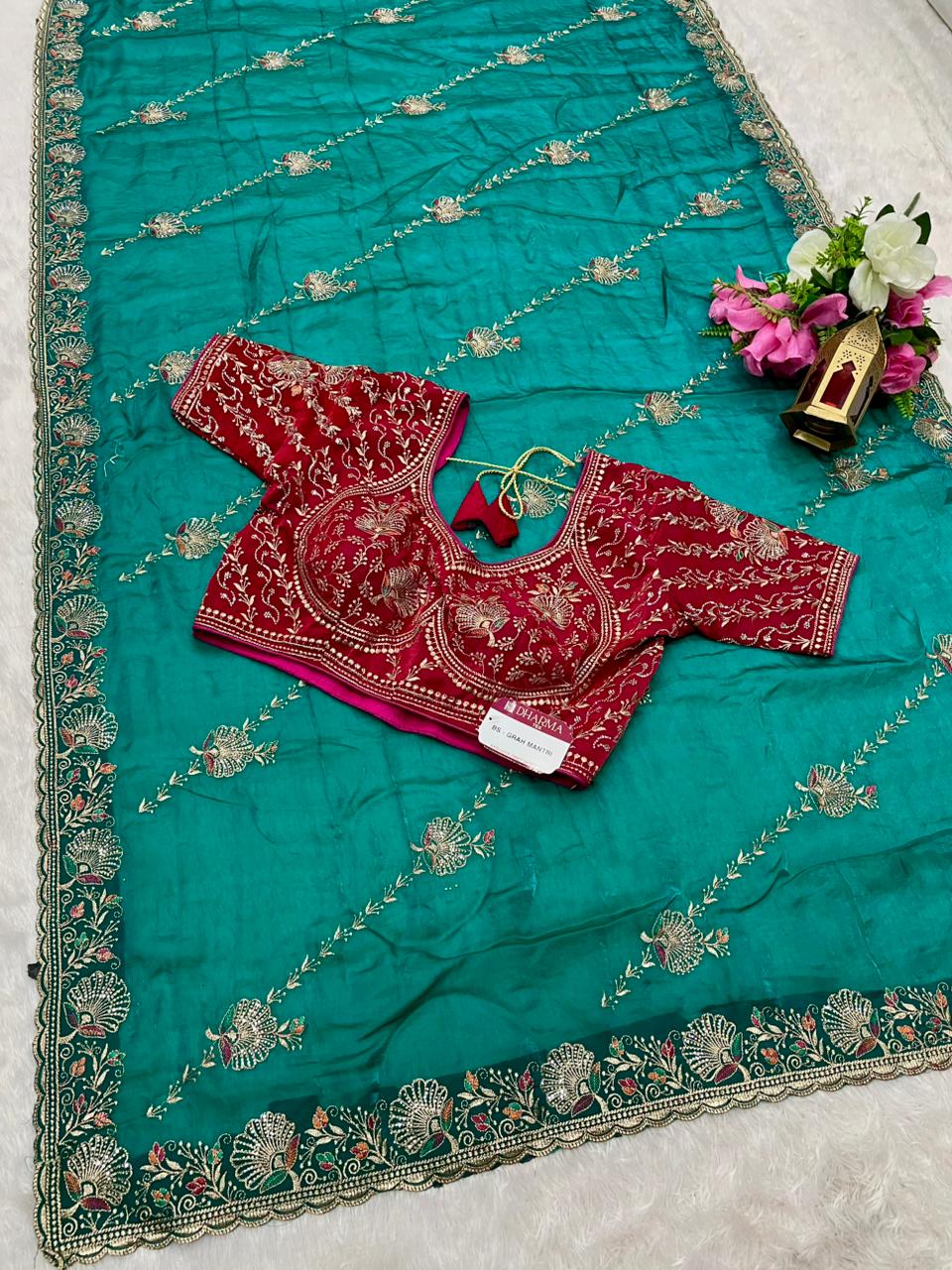 BS-GRAH MANTRI Fendi Saree with embroidery work with jarkan and thread work with fully stitched work blouse