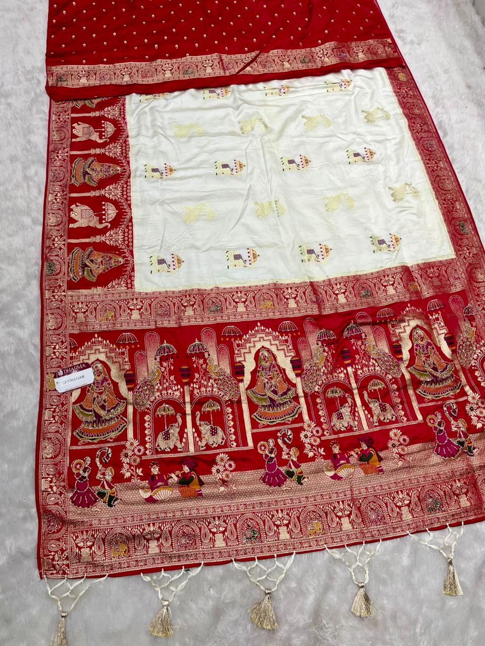 AJ-KHANAK NAYLON SILK FABRIC SAREE WITH  BEAUTIFUL PALLU DESIGN WITH DIAMOND WORK PEACOCK DESIGN WITH AND ELEPHANT DESIGN WITH MEENAKARI WORK AND CHAP DYNG WORK WITH BEAUTIFUL TASSELS WITH BUTTI BLOUSE