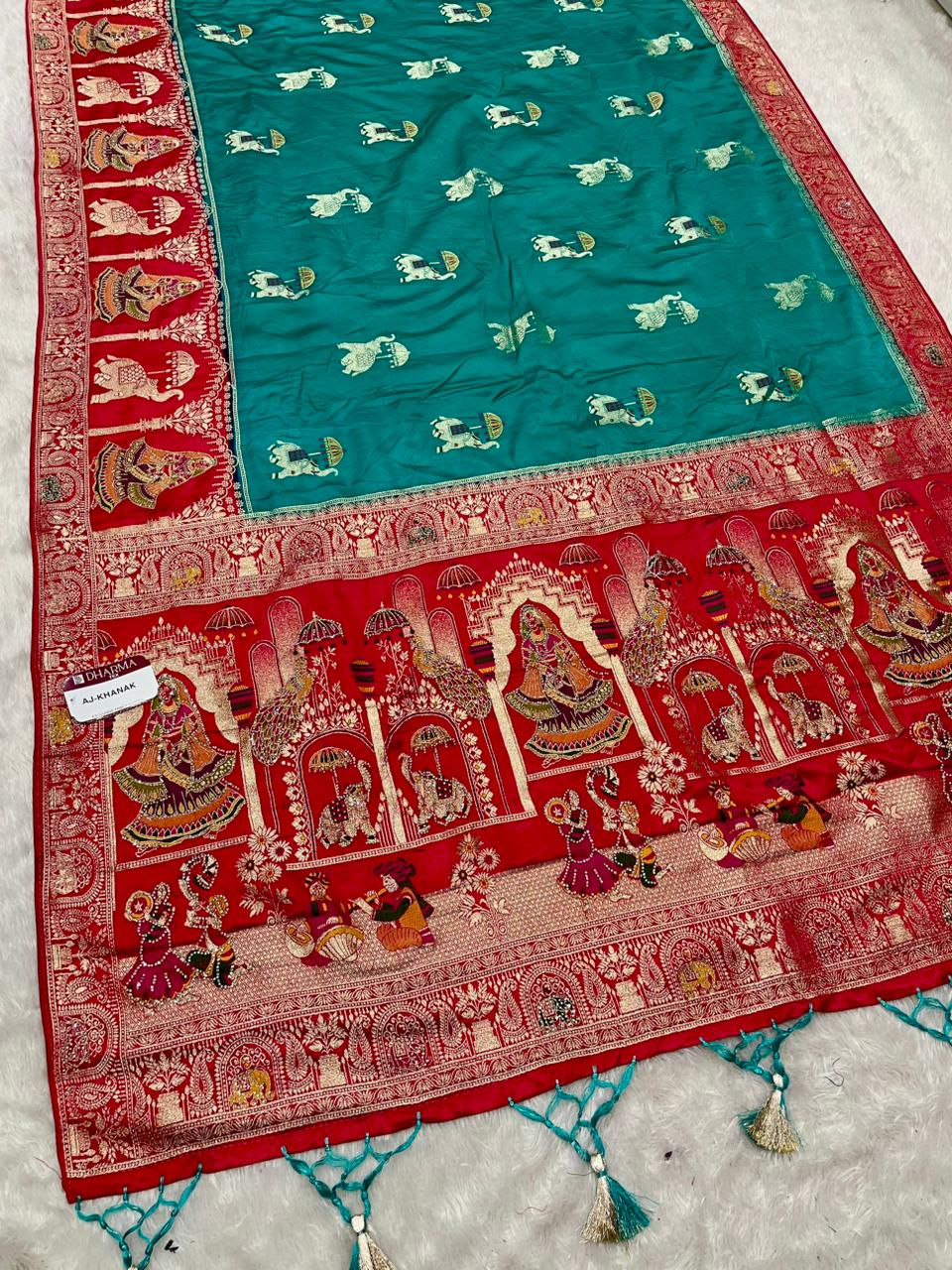 AJ-KHANAK NAYLON SILK FABRIC SAREE WITH  BEAUTIFUL PALLU DESIGN WITH DIAMOND WORK PEACOCK DESIGN WITH AND ELEPHANT DESIGN WITH MEENAKARI WORK AND CHAP DYNG WORK WITH BEAUTIFUL TASSELS WITH BUTTI BLOUSE
