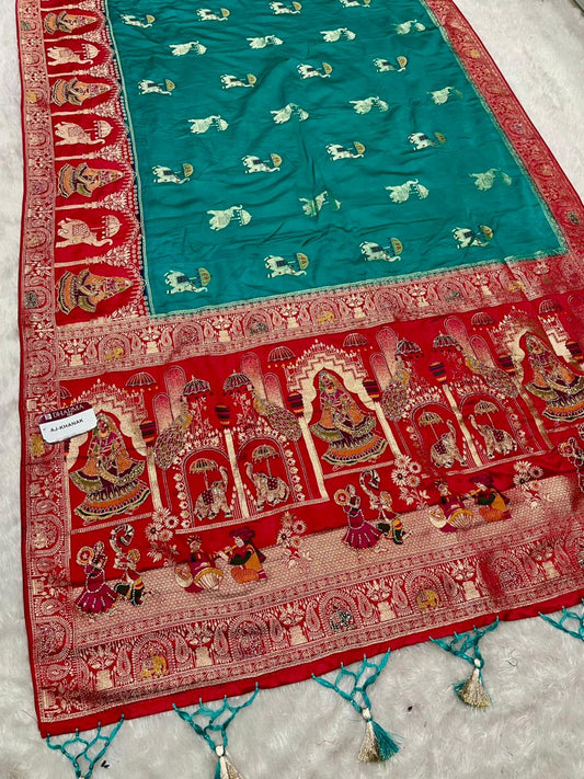 AJ-KHANAK NAYLON SILK FABRIC SAREE WITH  BEAUTIFUL PALLU DESIGN WITH DIAMOND WORK PEACOCK DESIGN WITH AND ELEPHANT DESIGN WITH MEENAKARI WORK AND CHAP DYNG WORK WITH BEAUTIFUL TASSELS WITH BUTTI BLOUSE