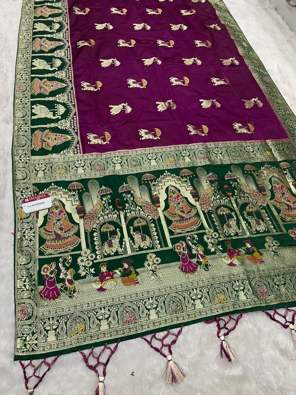 AJ-KHANAK NAYLON SILK FABRIC SAREE WITH  BEAUTIFUL PALLU DESIGN WITH DIAMOND WORK PEACOCK DESIGN WITH AND ELEPHANT DESIGN WITH MEENAKARI WORK AND CHAP DYNG WORK WITH BEAUTIFUL TASSELS WITH BUTTI BLOUSE
