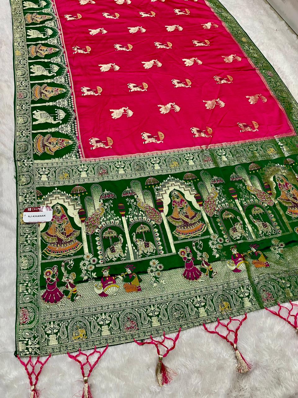 AJ-KHANAK NAYLON SILK FABRIC SAREE WITH  BEAUTIFUL PALLU DESIGN WITH DIAMOND WORK PEACOCK DESIGN WITH AND ELEPHANT DESIGN WITH MEENAKARI WORK AND CHAP DYNG WORK WITH BEAUTIFUL TASSELS WITH BUTTI BLOUSE