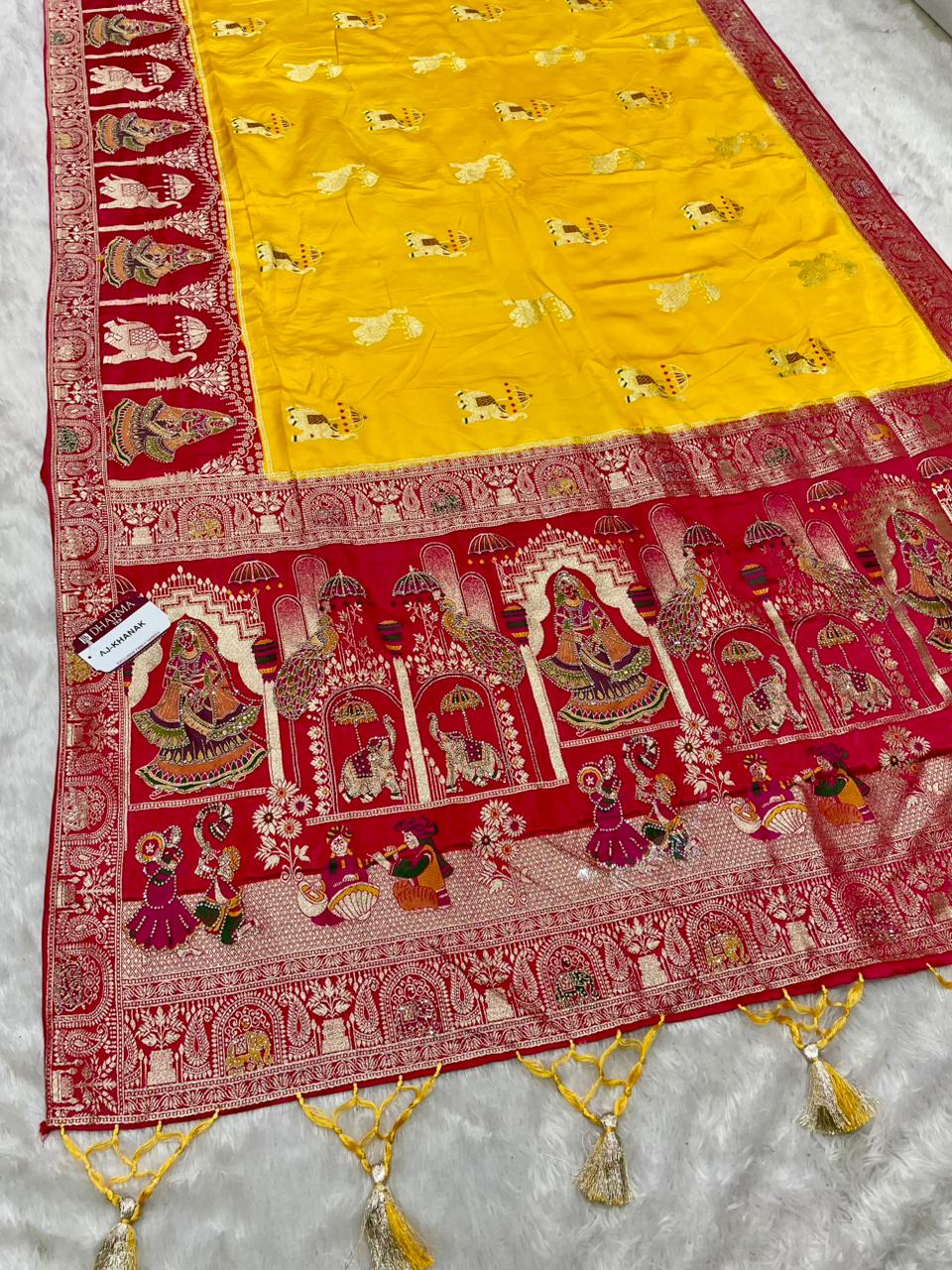 AJ-KHANAK NAYLON SILK FABRIC SAREE WITH  BEAUTIFUL PALLU DESIGN WITH DIAMOND WORK PEACOCK DESIGN WITH AND ELEPHANT DESIGN WITH MEENAKARI WORK AND CHAP DYNG WORK WITH BEAUTIFUL TASSELS WITH BUTTI BLOUSE