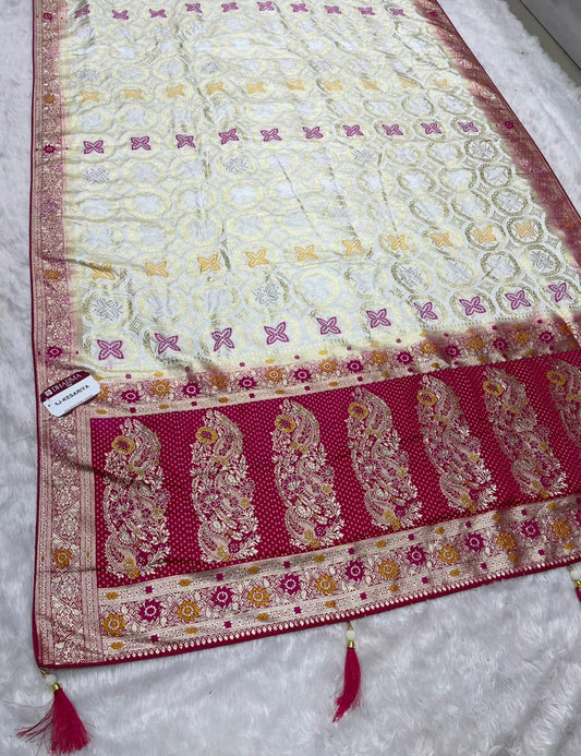 AJ-KESARIYA NAYLON SILK FABRIC SAREE WITH DIAMOND WORK AND BEAUTIFUL DESIGN WITH PALLU AND PIPING AND LATKAN WITH BUTTI BLOUSE