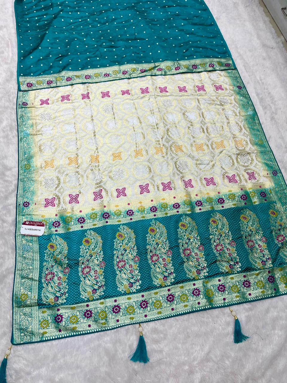 AJ-KESARIYA NAYLON SILK FABRIC SAREE WITH DIAMOND WORK AND BEAUTIFUL DESIGN WITH PALLU AND PIPING AND LATKAN WITH BUTTI BLOUSE