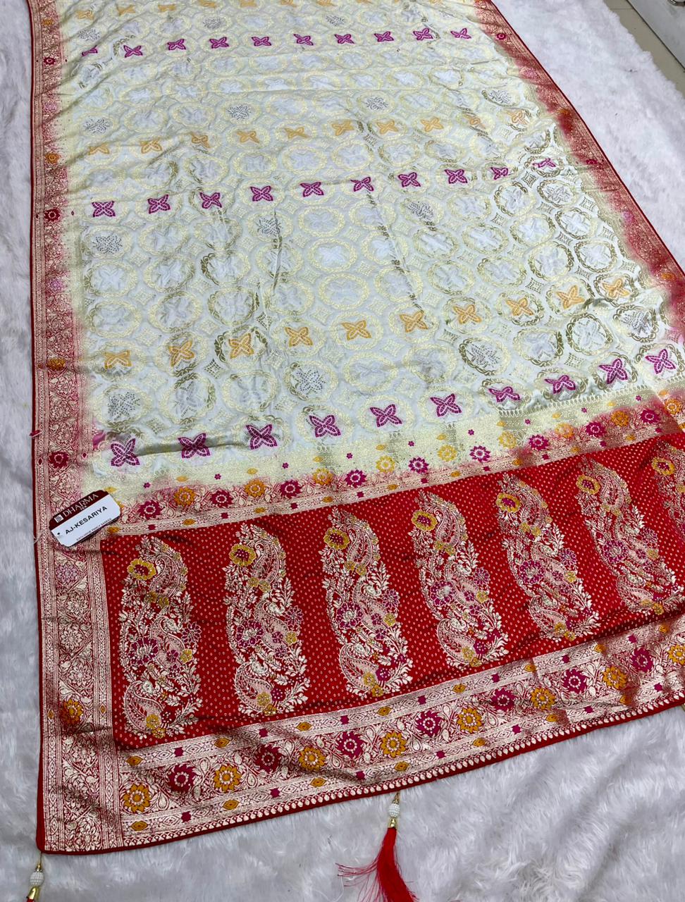 AJ-KESARIYA NAYLON SILK FABRIC SAREE WITH DIAMOND WORK AND BEAUTIFUL DESIGN WITH PALLU AND PIPING AND LATKAN WITH BUTTI BLOUSE
