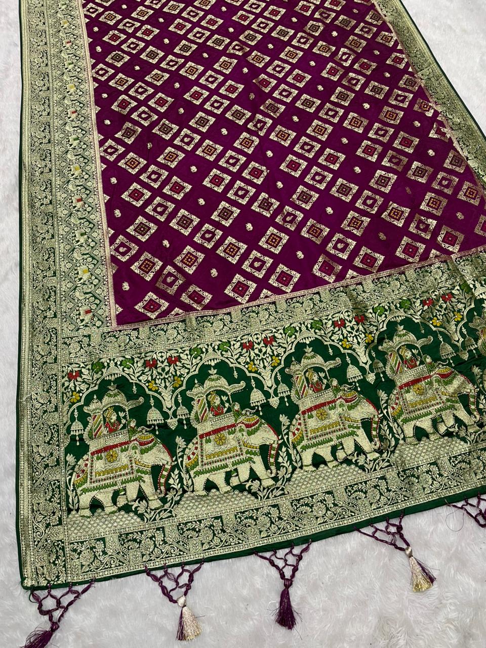 AJ-HIRAL NYLON SATIN SAREE WITH BEAUTIFUL CHAAP DYING WITH GAJRAJ PALLU WITH JARKAN AND MEENA WORK WITH BANDANI INSERTS ON BODY WITH BEAUTIFUL PANNEL DESIGN