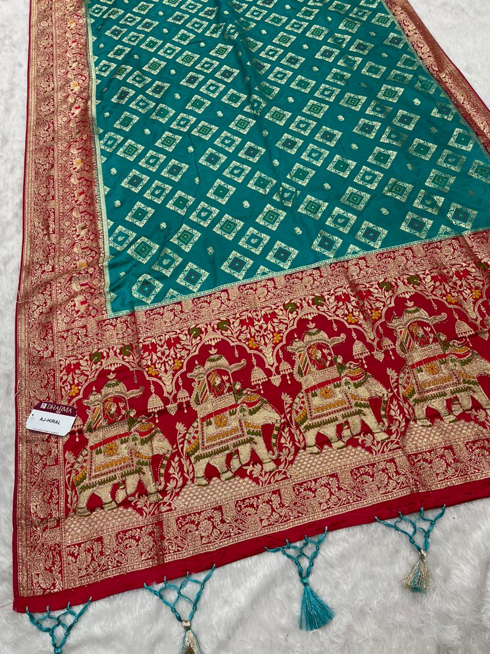 AJ-HIRAL NYLON SATIN SAREE WITH BEAUTIFUL CHAAP DYING WITH GAJRAJ PALLU WITH JARKAN AND MEENA WORK WITH BANDANI INSERTS ON BODY WITH BEAUTIFUL PANNEL DESIGN