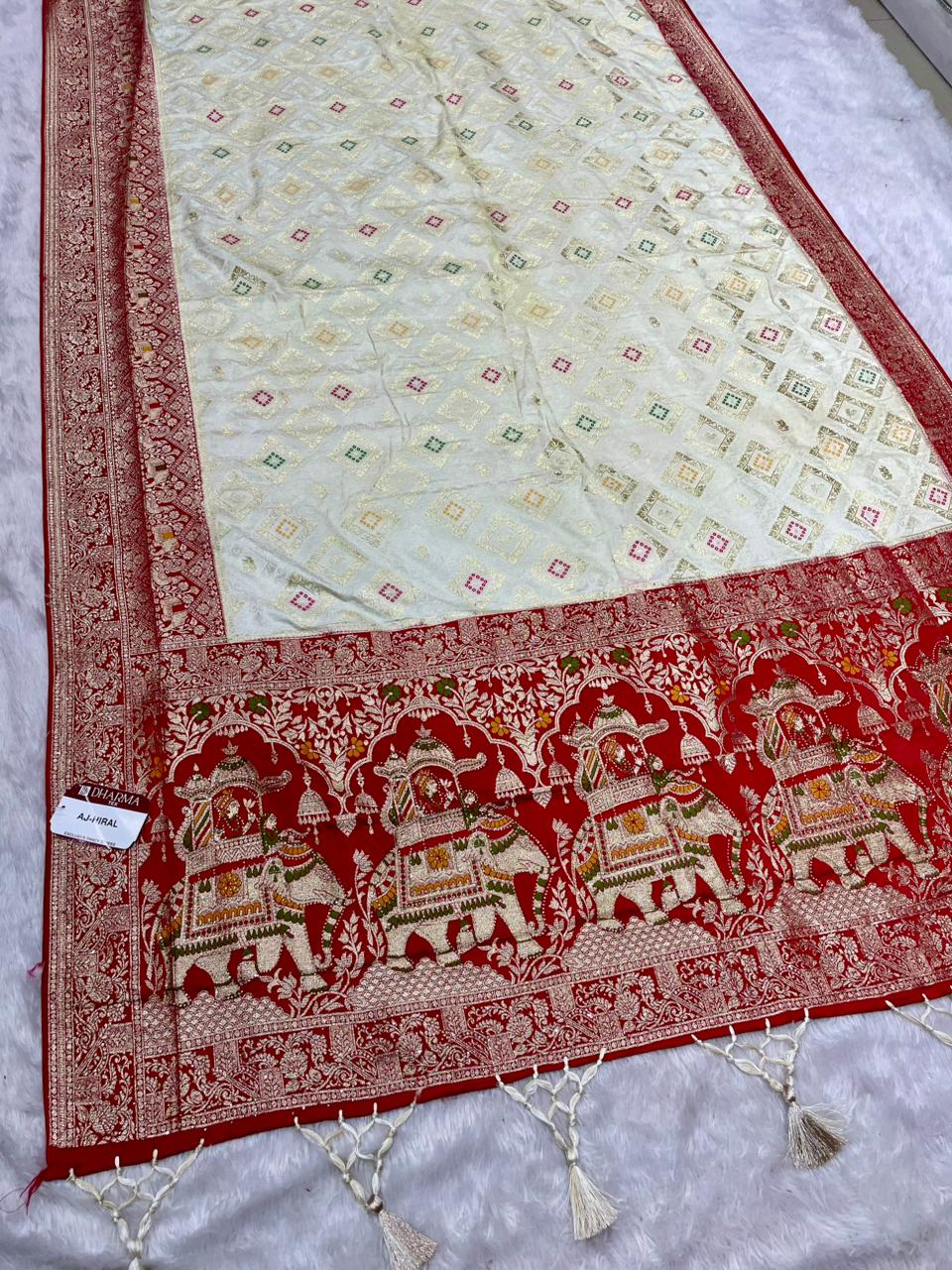 AJ-HIRAL NYLON SATIN SAREE WITH BEAUTIFUL CHAAP DYING WITH GAJRAJ PALLU WITH JARKAN AND MEENA WORK WITH BANDANI INSERTS ON BODY WITH BEAUTIFUL PANNEL DESIGN