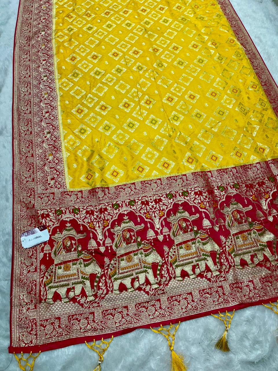 AJ-HIRAL NYLON SATIN SAREE WITH BEAUTIFUL CHAAP DYING WITH GAJRAJ PALLU WITH JARKAN AND MEENA WORK WITH BANDANI INSERTS ON BODY WITH BEAUTIFUL PANNEL DESIGN