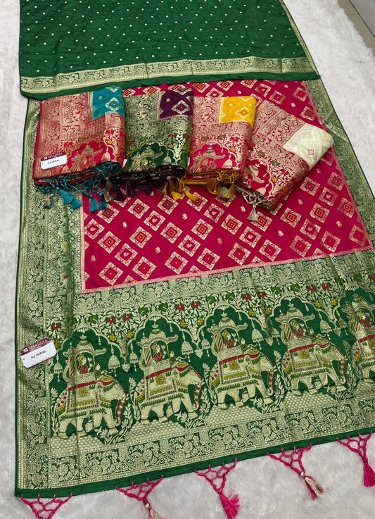 AJ-HIRAL NYLON SATIN SAREE WITH BEAUTIFUL CHAAP DYING WITH GAJRAJ PALLU WITH JARKAN AND MEENA WORK WITH BANDANI INSERTS ON BODY WITH BEAUTIFUL PANNEL DESIGN