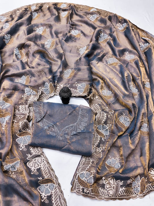 DF-RAKHI-2 FENDI SAREE WITH HEAVY EMBORIDERY WORK WITH BEAUTIFUL DESIGN WITH GOLD AND SILVER DIAMOND SIROSKE WORK