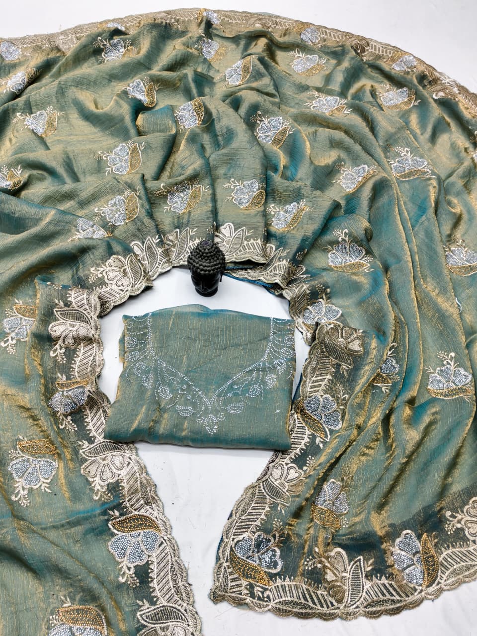 DF-RAKHI-2 FENDI SAREE WITH HEAVY EMBORIDERY WORK WITH BEAUTIFUL DESIGN WITH GOLD AND SILVER DIAMOND SIROSKE WORK