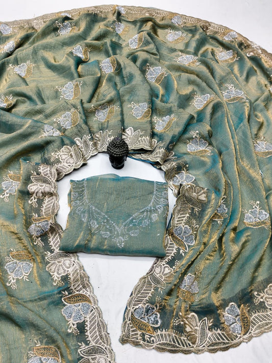 DF-RAKHI-2 FENDI SAREE WITH HEAVY EMBORIDERY WORK WITH BEAUTIFUL DESIGN WITH GOLD AND SILVER DIAMOND SIROSKE WORK