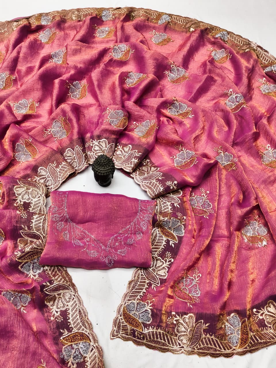 DF-RAKHI-2 FENDI SAREE WITH HEAVY EMBORIDERY WORK WITH BEAUTIFUL DESIGN WITH GOLD AND SILVER DIAMOND SIROSKE WORK