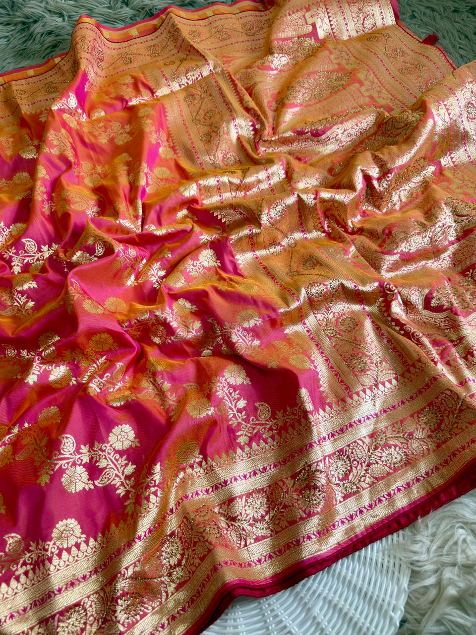 SA-7078 BANARASI SILK SAREE WITH RICH PALLU AND BEAUTIFUL LAHERIA DESIGN WITH BMC SIROSKI WORK WITH PIPING AND TASSELS