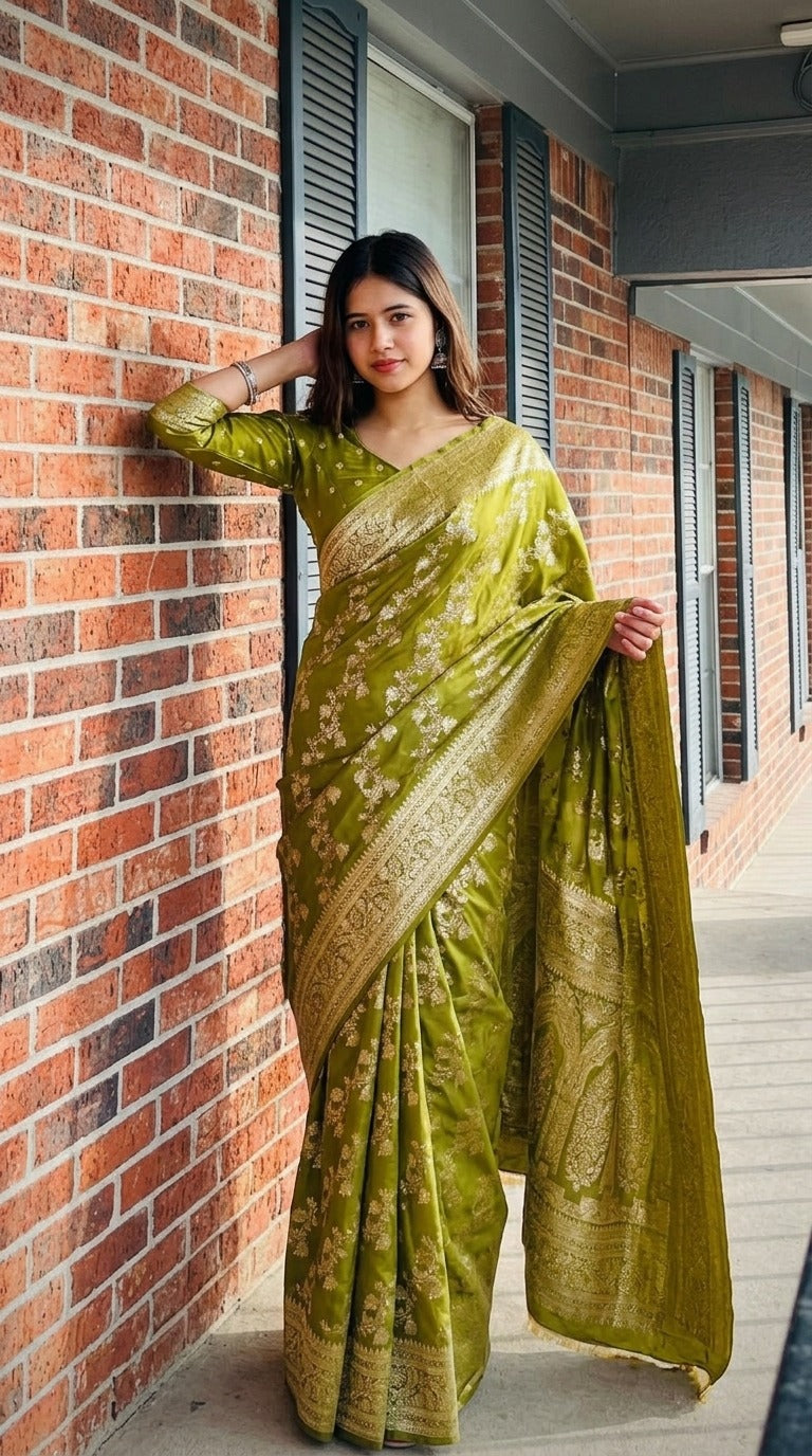 SA-7078 BANARASI SILK SAREE WITH RICH PALLU AND BEAUTIFUL LAHERIA DESIGN WITH BMC SIROSKI WORK WITH PIPING AND TASSELS