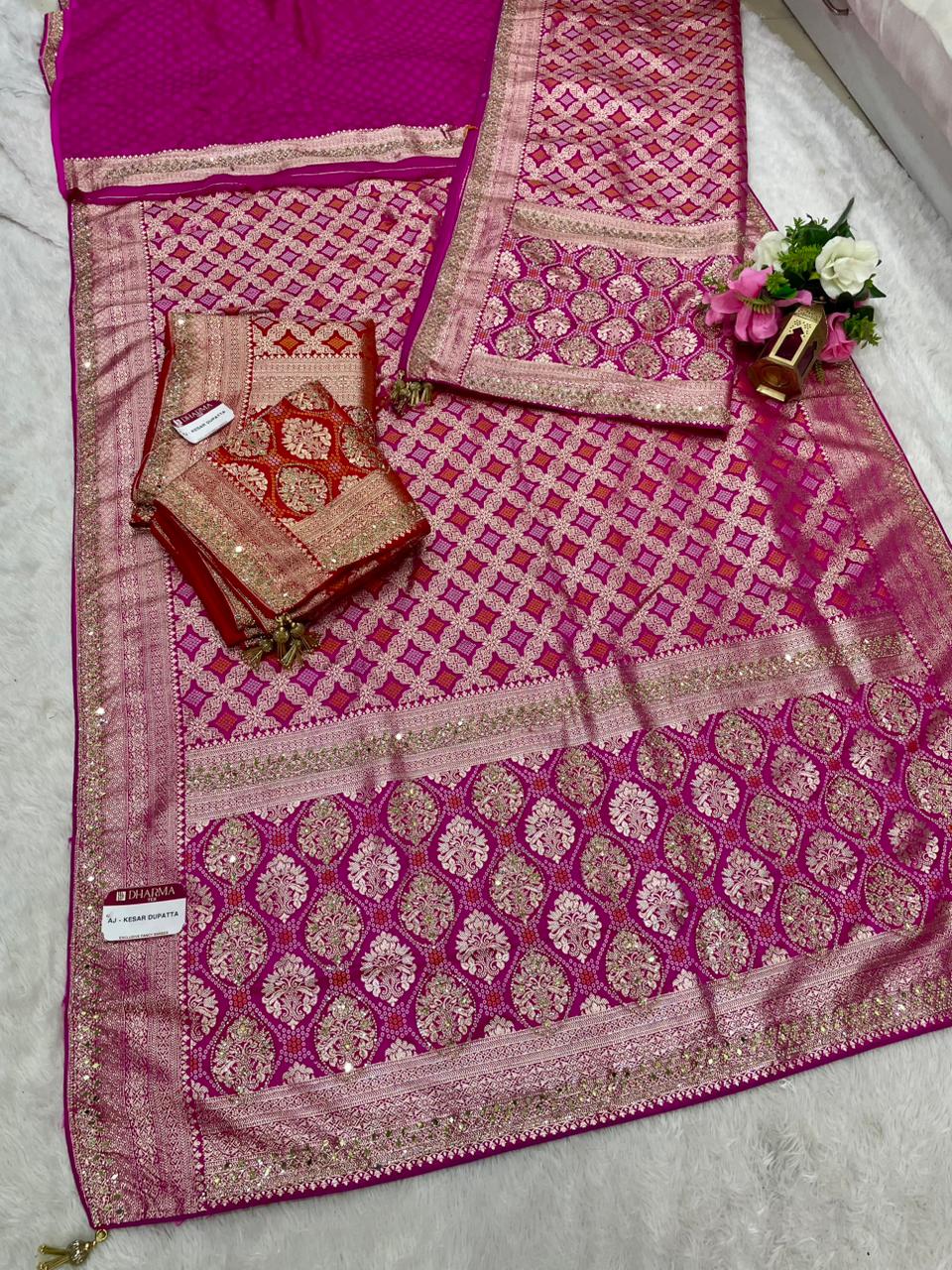 AJ-KESAR DUPATTA SATIN SILK SAREE WITH HEAVY JARKAN AND REAL MIRROR WORK WITH BANDANI DESIGN HEAVY SAREE WITH SUPER HEAVY TASSELS WITH HEAVY DUPATTA