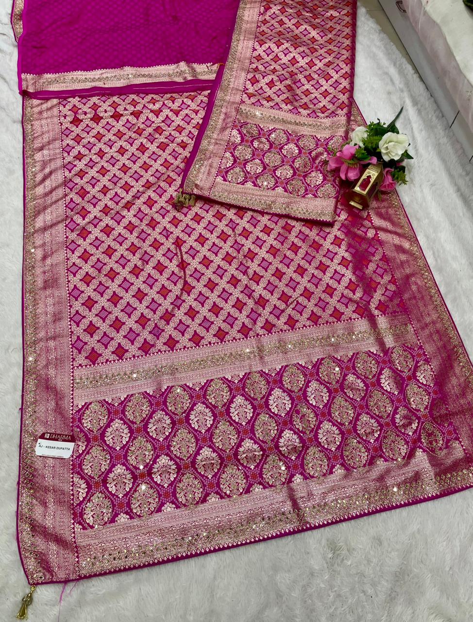 AJ-KESAR DUPATTA SATIN SILK SAREE WITH HEAVY JARKAN AND REAL MIRROR WORK WITH BANDANI DESIGN HEAVY SAREE WITH SUPER HEAVY TASSELS WITH HEAVY DUPATTA