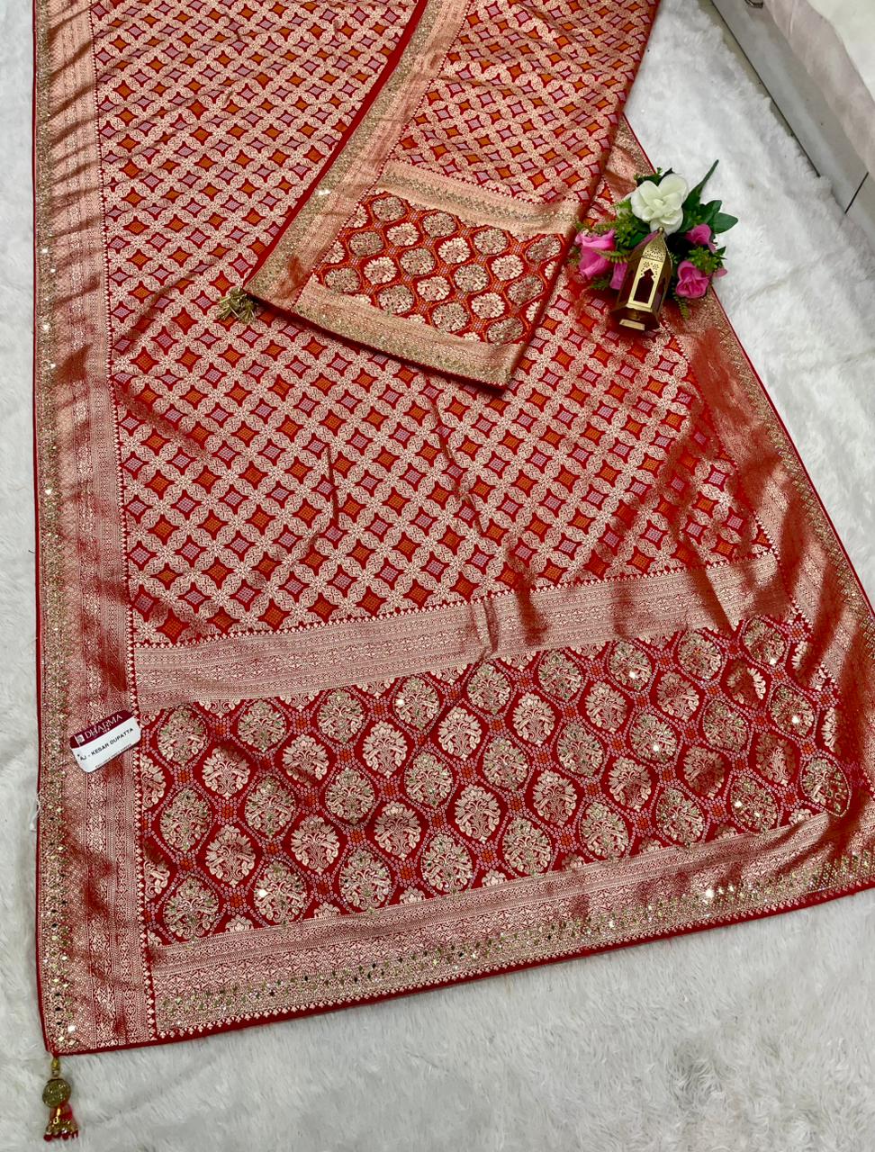 AJ-KESAR DUPATTA SATIN SILK SAREE WITH HEAVY JARKAN AND REAL MIRROR WORK WITH BANDANI DESIGN HEAVY SAREE WITH SUPER HEAVY TASSELS WITH HEAVY DUPATTA