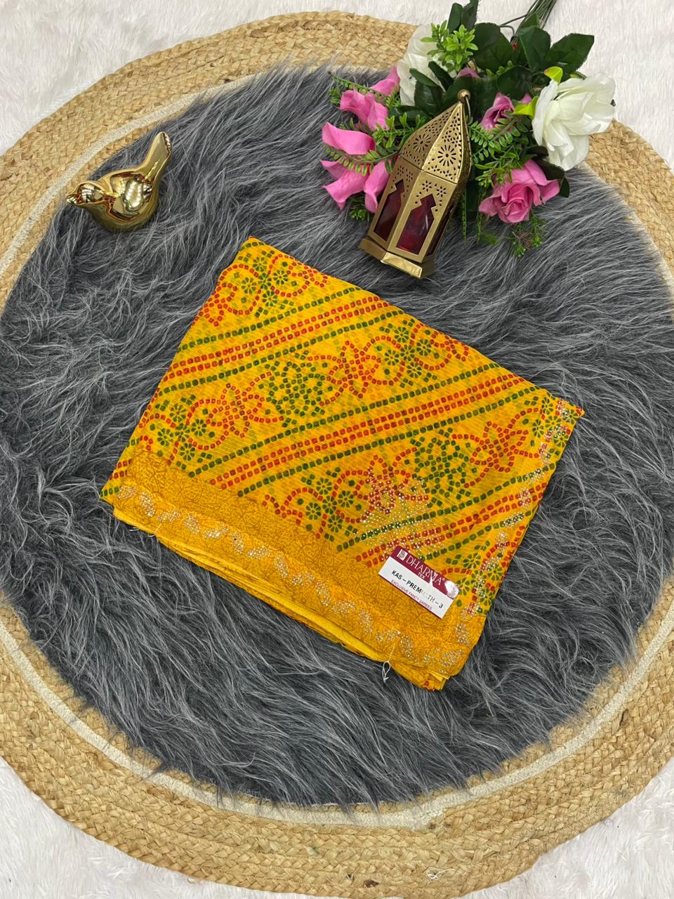 KAS-PREMNATH-3 BANDHANI FABRIC SAREE WITH BEAUTIFUL BANDHANI PRINT DESIGN WITH DMC SIROSKI BORDER WITH PLAIN BLOUSE