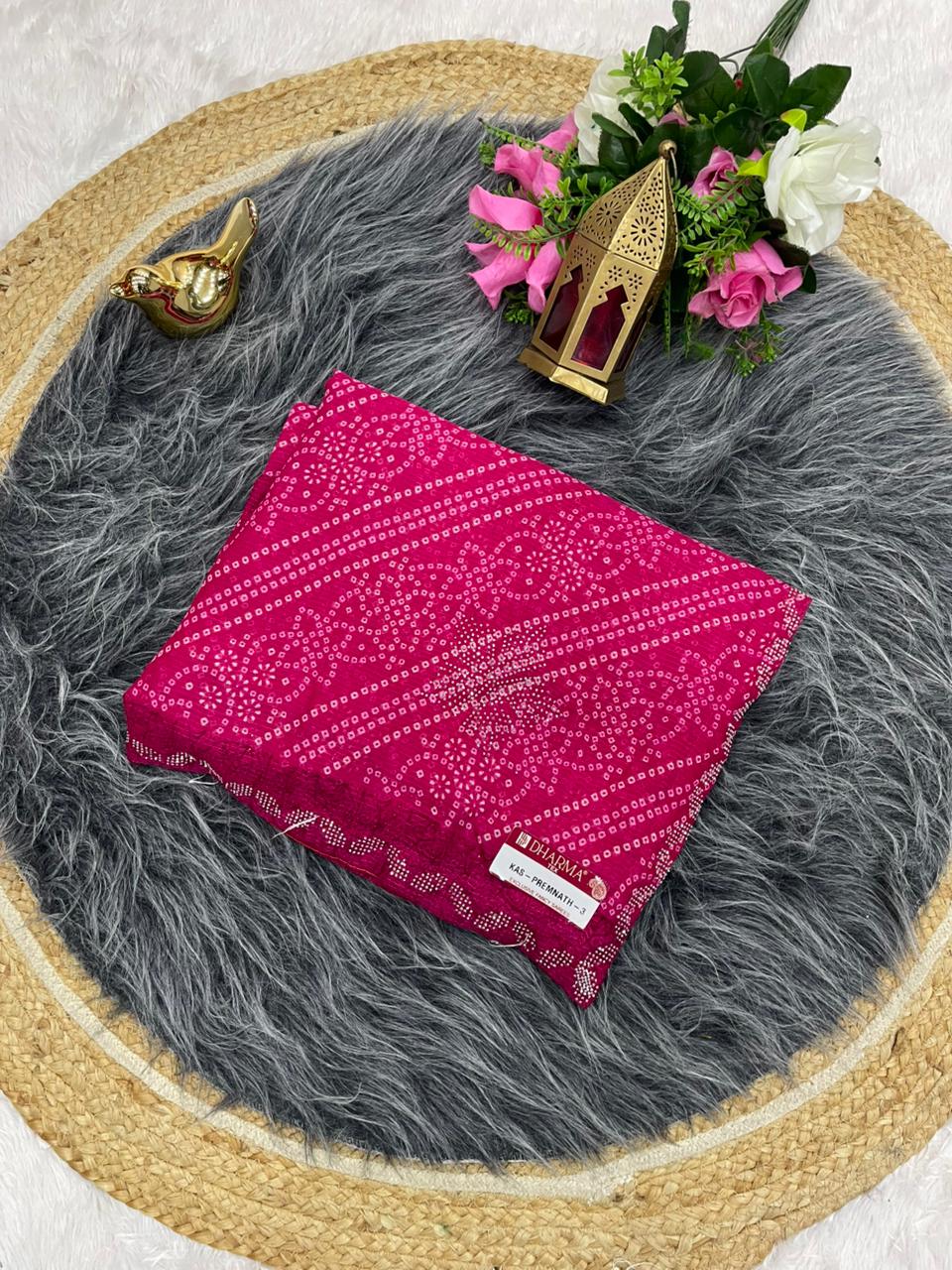 KAS-PREMNATH-3 BANDHANI FABRIC SAREE WITH BEAUTIFUL BANDHANI PRINT DESIGN WITH DMC SIROSKI BORDER WITH PLAIN BLOUSE