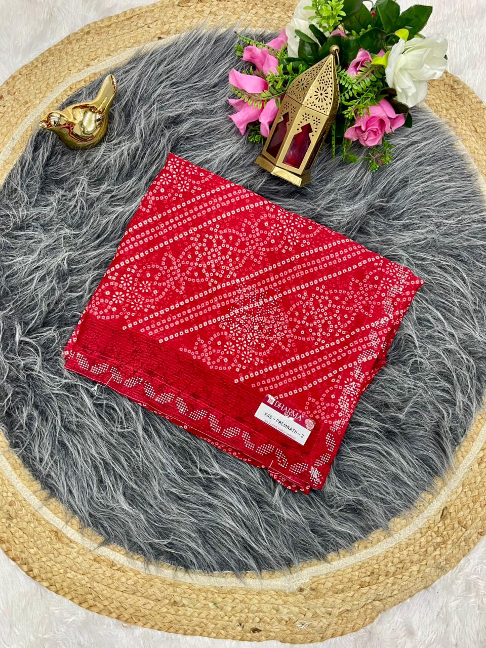 KAS-PREMNATH-3 BANDHANI FABRIC SAREE WITH BEAUTIFUL BANDHANI PRINT DESIGN WITH DMC SIROSKI BORDER WITH PLAIN BLOUSE