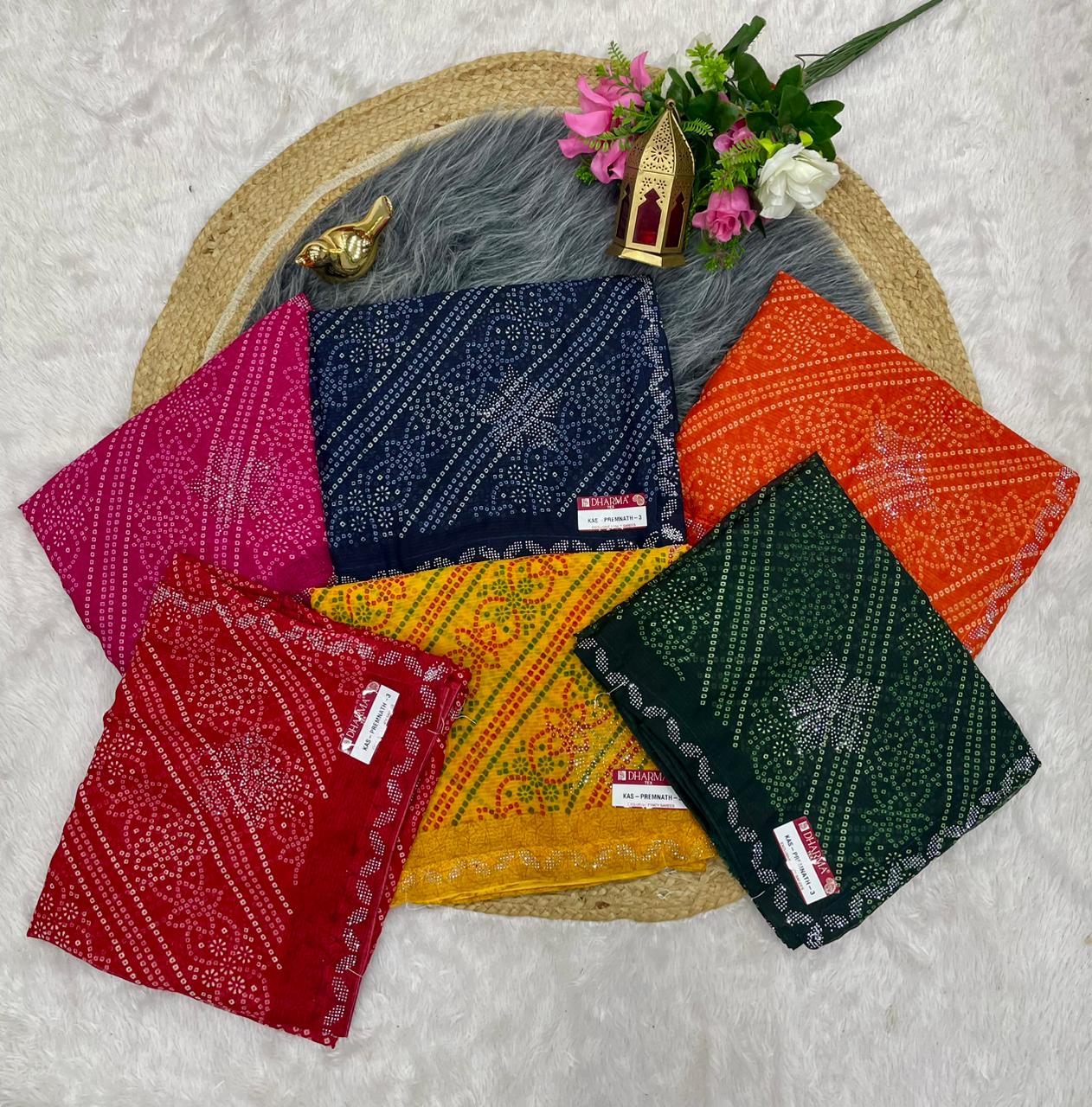 KAS-PREMNATH-3 BANDHANI FABRIC SAREE WITH BEAUTIFUL BANDHANI PRINT DESIGN WITH DMC SIROSKI BORDER WITH PLAIN BLOUSE