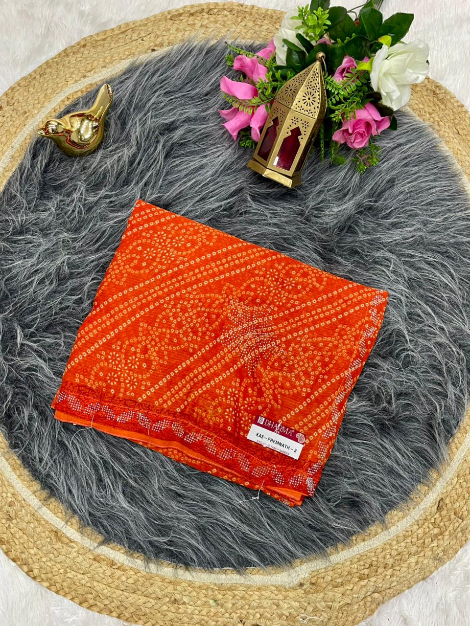 KAS-PREMNATH-3 BANDHANI FABRIC SAREE WITH BEAUTIFUL BANDHANI PRINT DESIGN WITH DMC SIROSKI BORDER WITH PLAIN BLOUSE
