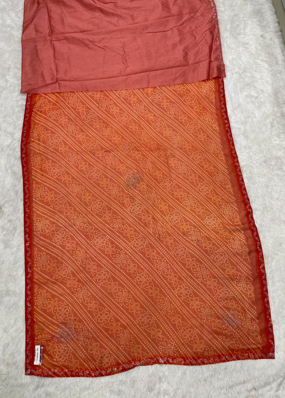 KAS-PREMNATH-3 BANDHANI FABRIC SAREE WITH BEAUTIFUL BANDHANI PRINT DESIGN WITH DMC SIROSKI BORDER WITH PLAIN BLOUSE