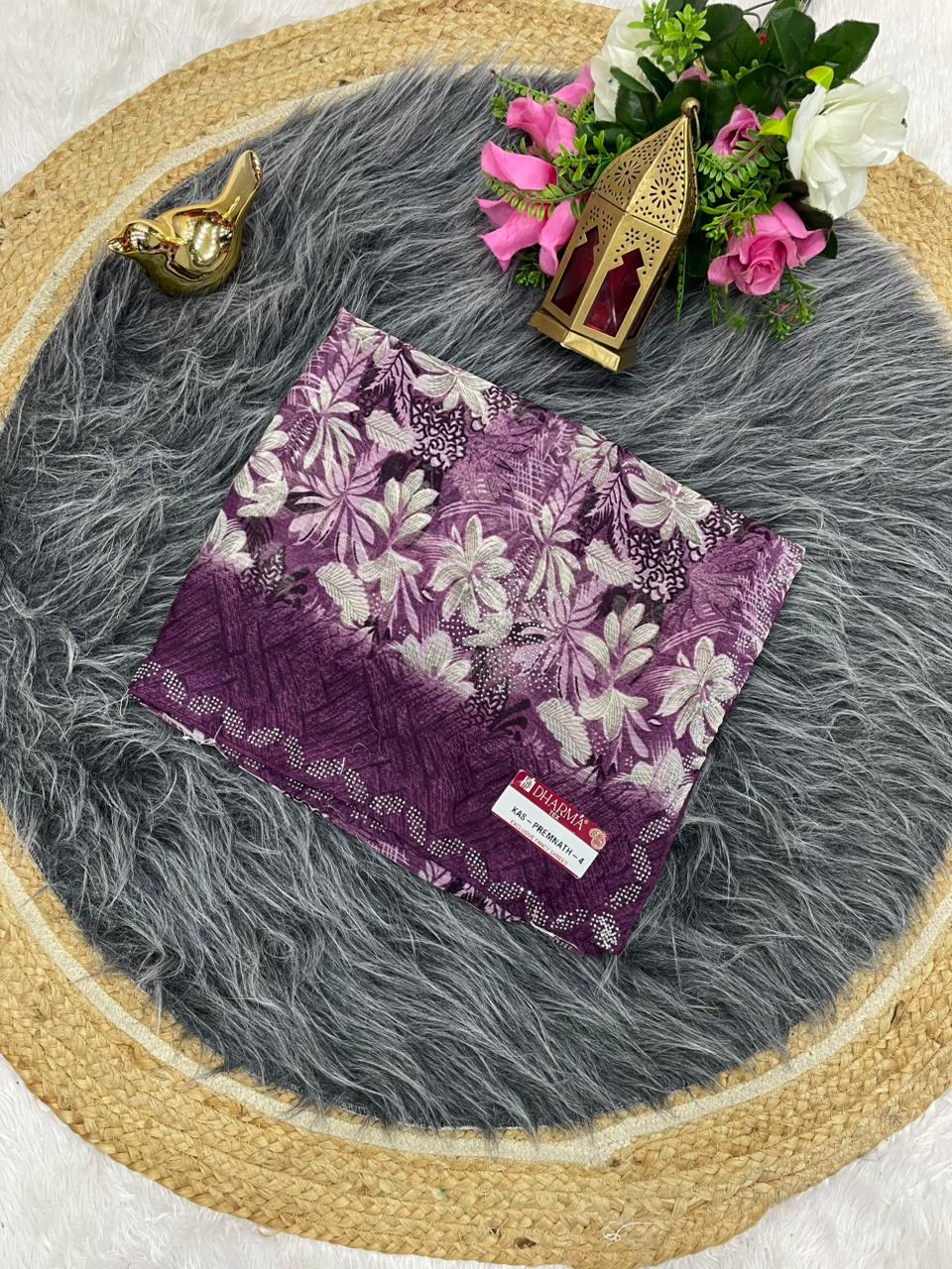 KAS-PREMNATH-4 PURE WHITE CAT FABRIC SAREE WITH BEAUTIFULL FLOWER PRINT DESOGN WITH DMC SIROSKI WORK WITH BLOUSE