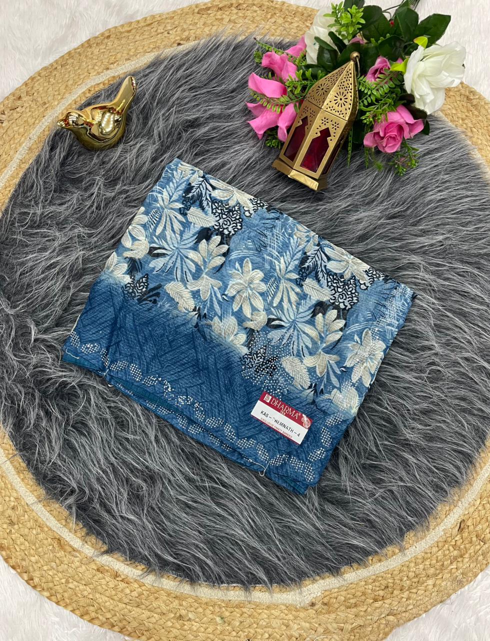KAS-PREMNATH-4 PURE WHITE CAT FABRIC SAREE WITH BEAUTIFULL FLOWER PRINT DESOGN WITH DMC SIROSKI WORK WITH BLOUSE